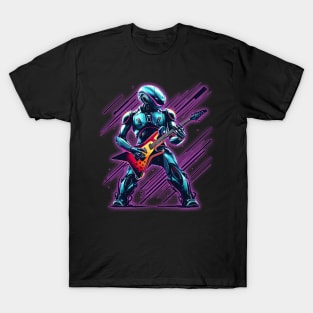 A Heavy Metal Rock and Roll Robot Plays Lead Guitar with Purple Laser Background T-Shirt